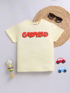Happy Faces Boys Pure Cotton Typography Garfield Printed T-shirt