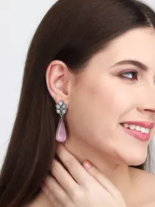 Anvik Silver-Plated American Diamond Studded Teardrop Shaped Drop Earrings