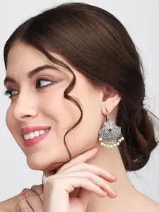 Anvik Silver-Plated Stone Studded & Beaded Contemporary Brass Drop Earrings