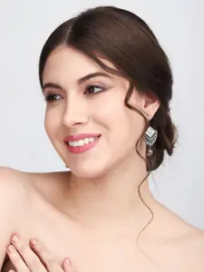 Anvik Silver-Plated AD Studded Contemporary Brass Drop Earrings