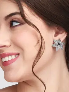 Anvik Silver-Plated Stone Studded Flower Shaped Brass Studs Earrings