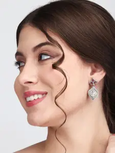 Anvik Silver-Plated Stone Studded Leaf Design Brass Drop Earrings