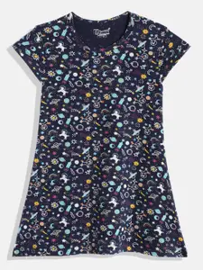 Eteenz Girls Conversational Cap Sleeves Printed Pure Cotton A-Line Dress