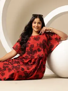 Sztori Plus-Size Floral Print Side-slit Layered A-Line Midi Dress