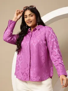 Sztori Plus Size Floral Woven Design Semi Sheer Casual Shirt
