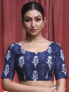 Indethnic Printed Cotton U Neck Short Sleeves Saree Blouse