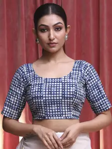 Indethnic Printed U-Neck Short Sleeves Cotton Saree Blouse