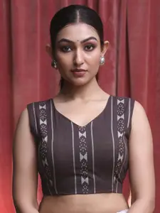 Indethnic Printed Cotton V Neck Sleeveless Saree Blouse