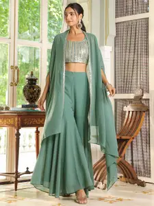 Janasya Embellished Crop Top & Cape With Sharara Co-Ords