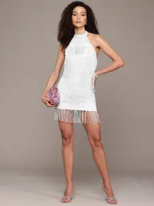 bebe Future Glam Sequinned Halter Neck Fringed Tiered Sheath Mini Dress