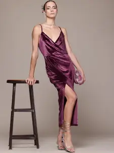 bebe Future Glam Shimmery Plunge Neck Wrap Midi Dress