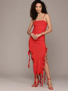 bebe Future Glam Ruffled Sheath Midi Dress