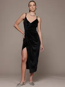 bebe Soft Romance Velvet Finish High Slit Pleated Detail Midi Dress