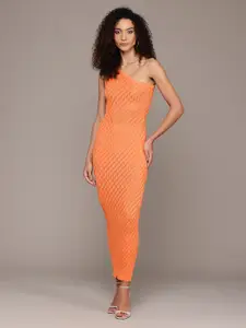 bebe Orange Selentite One Shoulder Bodycon Midi Dress