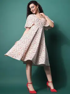 PURVAJA Floral Cape Sleeve A-Line Midi Dress