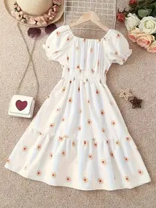 BAESD Girls Floral Printed Puff Sleeve Fit & Flare Dress