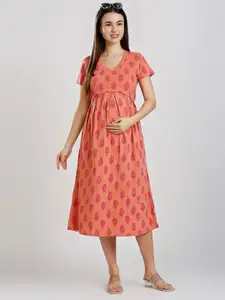 True Shape Ethnic Motif Printed Cotton Maternity A-Line Midi Dress