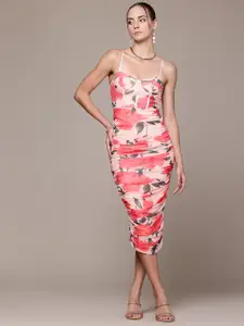bebe Soft Romance Floral Print Net Bodycon Midi Dress