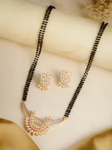 AARSHVI Rhodium-Plated Artificial Stones Mangalsutra With Earrings Set