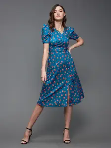 Miss Chase Women V-Neck Pleated Puff Sleeve Floral Patterned Wrap Midi Dress