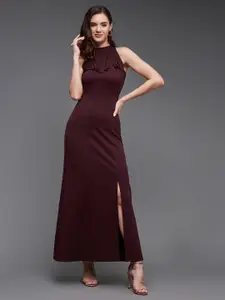 Miss Chase Women Fringed Halter Neck Sleeveless Solid Maxi Front Slit Dress