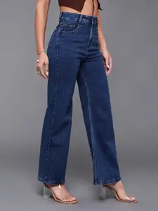 Miss Chase Women Wide-Leg High-Rise Mildly Distressed Stretchable Denim Jeans
