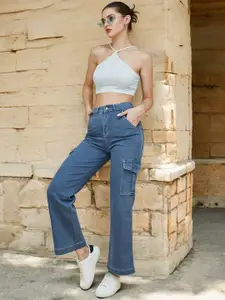 DressBerry Women Wide leg High rise Clean look Regular Stretchable Denim Jeans