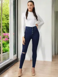 DressBerry Women Skinny High Rise Knee Slit Clean Look Regular Length Denim Jeans