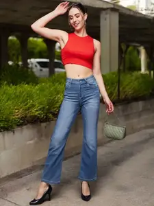 DressBerry Women's Wide-Leg Mid Rise Blast Effect Light Weight Denim Jeans