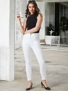 DressBerry Women Skinny Fit High Rise Cropped Bleached Raw Edge Stretchable Denim Jeans