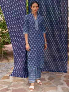 Libas Floral Printed Mandarin Collar Cotton Straight Kurta