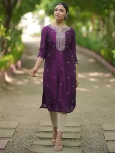 Libas Ethnic Motifs Embroidered Notch Neck Zari Silk Straight Kurta