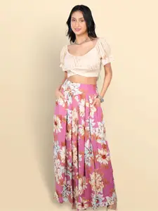 Boholyfe Peachy Dreams & Blossom Breeze Scoop Neck Top With Printed Palazzos