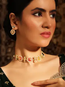 Priyaasi Gold Plated Kundan Stone Studded Necklace and Earrings