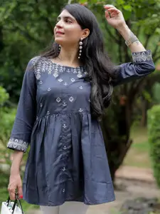 KALINI Geometric Embroidered Round Neck Pleated A-Line Kurti