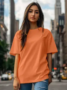 JUNEBERRY Women Solid Round Neck Pure Cotton Oversized T-shirt