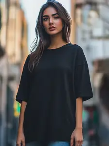 JUNEBERRY Women Solid Round Neck Pure Cotton Oversized T-shirt