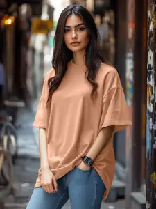 JUNEBERRY Women Solid Round Neck Pure Cotton Oversized T-shirt