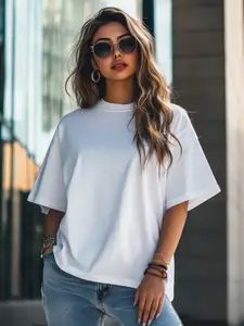 JUNEBERRY Women Solid Round Neck Pure Cotton Oversized T-shirt