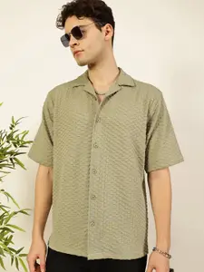 Thomas Scott Men Premium Cuban Collar Textured Solid Cotton Relaxed Fit Casual Shirt