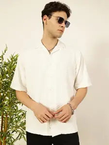 Thomas Scott Men Premium Cuban Collar Textured Solid Cotton Relaxed Fit Casual Shirt