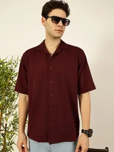 Thomas Scott Men Premium Cuban Collar Textured Solid Cotton Relaxed Fit Casual Shirt