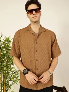 Thomas Scott Men Premium Cuban Collar Textured Solid Cotton Relaxed Fit Casual Shirt