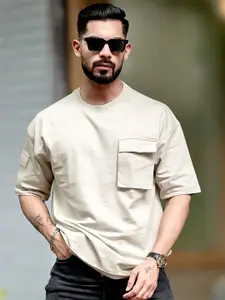 Maniac Men Solid Round Neck Cotton Oversized T-shirt