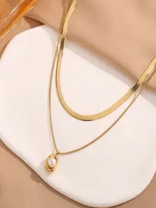 AQUASTREET 18k Gold Plated Stainless Steel Antitarnish Pearl Pendant Layered Necklace