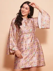 Globus Printed Flared Sleeve Satin Sheath Mini Dress