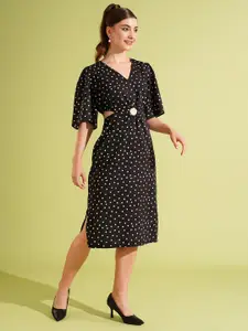 Globus Polka Dot Printed Flared Sleeve Cut-Out Detail A-Line Dress