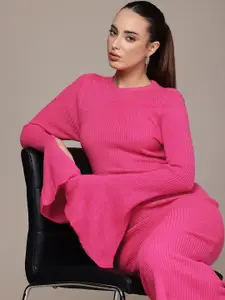 bebe Ribbed Knitted Long Slit Sleeves Midi Jumper Dress