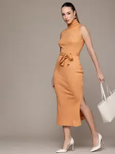 bebe Turtle Neck Knitted Ribbed Side Slits Midi Jumper Dress With Fabric Belt