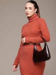 bebe Fuzzy Finish Self Striped Turtle Neck Crop Sweater With Skirt Co-Ords